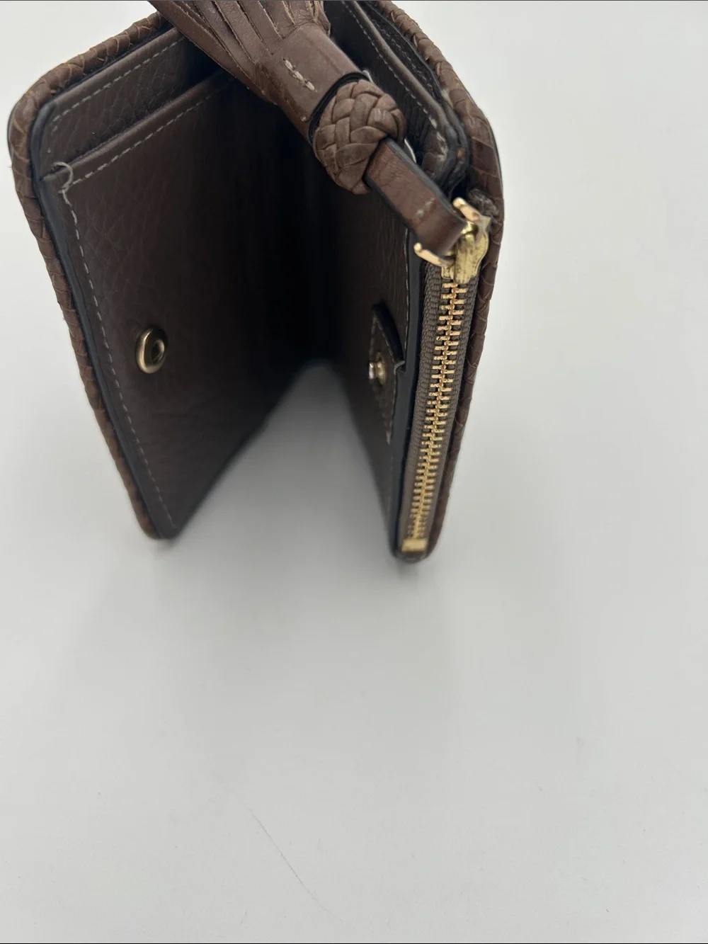 Tory‎ Burch Dark Brown Pebbled Leather Zip Coin Wallet with Tassel